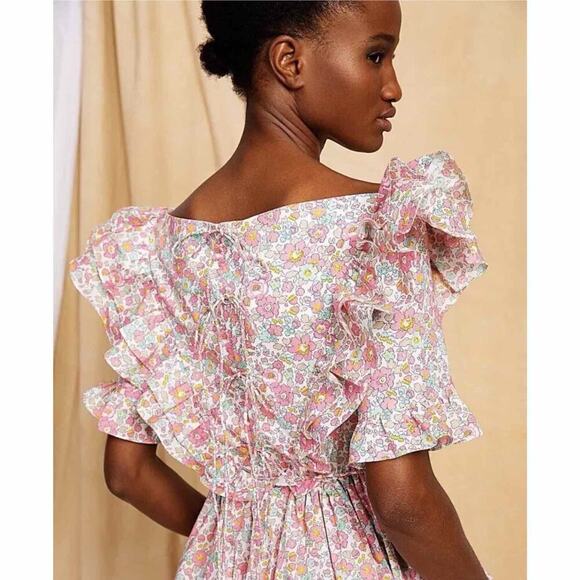 Horror Vacui Dorothy Ruffled Floral Cotton Poplin Midi Dress Size Medium - Picture 12 of 15